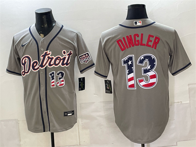 Men's Detroit Tigers #13 Dillon Dingler Grey 2026 USA 250 Fourth of July Stitched Baseball Jersey